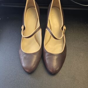 Alex Marie Brown Mary Jane Heels with Tan Trim